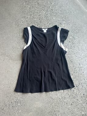 S.L.B. Petite Women's Large Blouse Black White Silk Short Sleeve Vintage